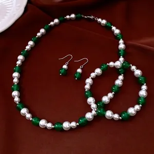 Vintage pearl and green agate bead jewelry set including necklace, bracelet and earrings