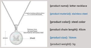 Detailed size specifications for a stainless steel shell letter M pendant necklace