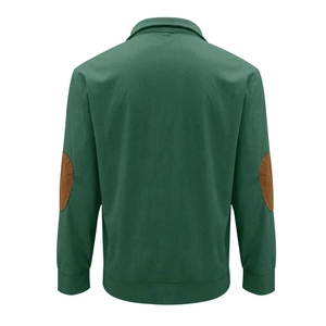 Rear view of dark green corduroy sweatshirt featuring brown oval elbow patches
