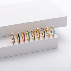 S925 sterling silver gold hoops with colorful square zirconia stones set in a row