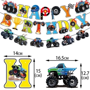 Monster truck Happy Birthday banner set with individual letter cards and truck cutouts