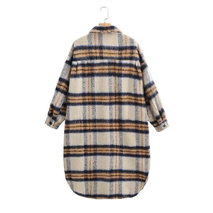 Cappotto lungo in lana da donna a quadri blu e arancio, vista posteriore della giacca