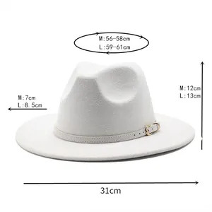 Detailed size chart for white wool fedora hat with dimensions for M and L sizes