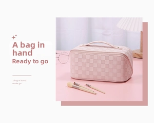 Pink checkered PU leather makeup bag with large capacity and portable top handle