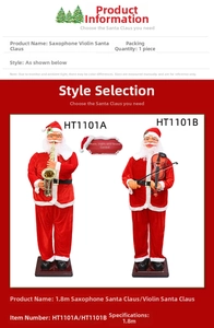 Detail of 1.8m musical Santa Claus with violin and saxophone for festive decoration