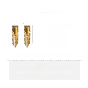 Infographic showing alloy rhinestone geometric tassel earrings size 5.7x1.8cm and weight 26.3g