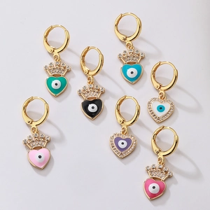 Evil Eye Heart Huggie Hoop Earrings Gold Plated Copper With Zircon Crown Enamel Jewelry For Women