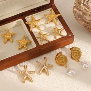 Ocean Starfish Conch Shell Stud Earrings Gold Plated Stainless Steel With Faux Artificial Pearl Beach Vacation Jewelry For Women