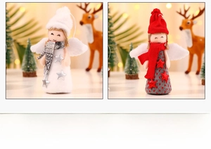 Detail of plush angel Christmas ornaments with knitted hats and sparkling stars