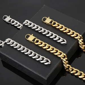 Hip hop style 15mm Cuban chain necklace and bracelet in polished gold and silver steel