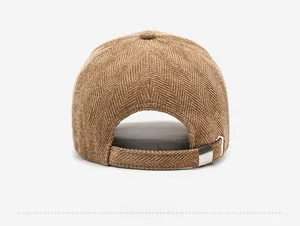 Detail view of the herringbone baseball cap back with an adjustable silver metal buckle