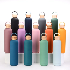 Row of colorful matte stainless steel insulated water bottles with bamboo lids