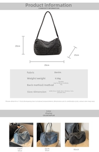 Detailed dimensions and specs of the washed denim shoulder bag in three available colors