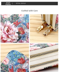 Detailed macro view of dual gold zippers and floral print on high-capacity card wallet