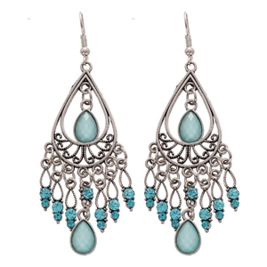 Vintage bohemian waterdrop tassel earrings with silver alloy and blue rhinestones