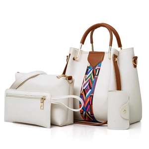 Set 4 pezzi di borse tote e a tracolla bianco crema con finiture marroni e cinturino