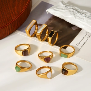 Vintage gold stainless steel rings set with colorful natural stones and geometric shapes