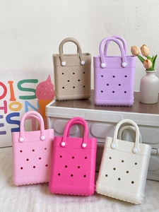 Mini EVA beach tote bag in various pastel colors with waterproof perforated hole design