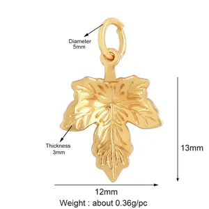 Golden maple leaf pendant charm for DIY jewelry with detailed size and weight markings