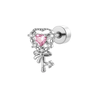 Elegant silver heart key earring with pink gemstone and zircon butterfly details