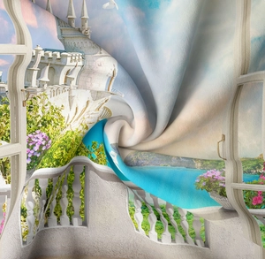 Detailed close-up of polyester tapestry showing vivid European garden and sea digital print