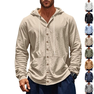 Herren Casual Leinenhemd Mit Kapuze Langarm Knopfleiste Lockerer Schnitt Strand Minimalistisch Einfarbig Mit Kängurutaschen