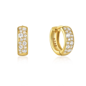 Detailed close-up of double-row pavé zirconia gold huggie earrings with S925 stamp