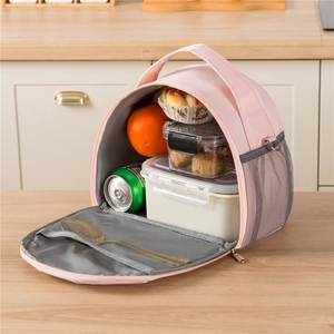 Pink semi-circle insulated lunch bag with shoulder strap and spacious storage for picnics