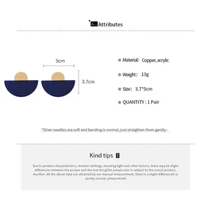 Size chart showing blue acrylic semicircular earrings with copper material and dimensions