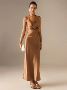Elegant bronze backless halter neck satin maxi dress with a cowl neckline for women