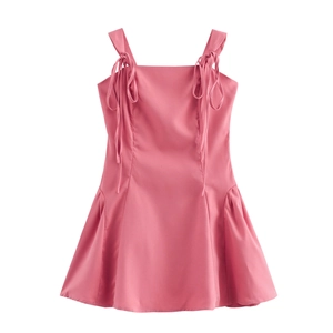 Robe Courte Camisole Rose Sexy Col Carré Nœud Épaule Nouée Taille Haute Polyester Minceur Été Pour Femmes