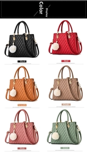 Quilted leather handbags in six colors with pompom and pearl charms display