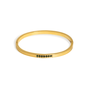 Gold-plated stainless steel hinged bangle with eight round emerald green gemstones