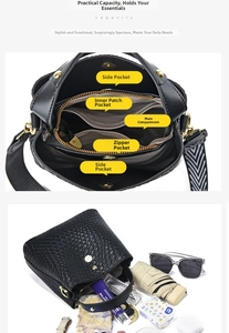 Detailed interior view of a black woven bucket bag showing its large storage capacity