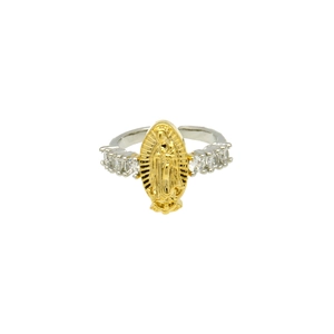 Macro detail of two-tone ring featuring Virgin Mary relief and clear zircon accents