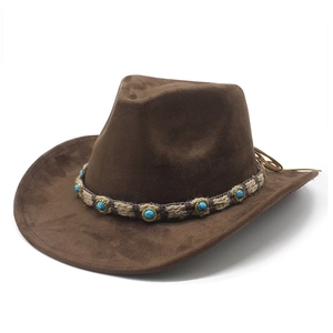 Chapeau Cowboy Western Suède Large Bord Fedora Ethnique Bande Tressée Avec Perles Turquoise Rétro Chapeau Jazz