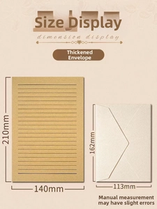 Size chart showing 210x140mm letter paper and 162x113mm thickened vintage envelopes