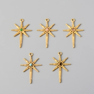 Detailed set of five gold stainless steel eight-pointed star charms with colorful stones