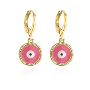 Detail of gold evil eye earrings with pink enamel center and textured rim on white background