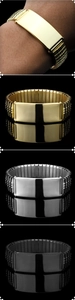 Polished stainless steel ID bracelets in gold, silver, and black on a wrist and flat lay