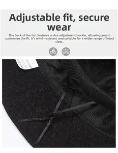 Detail of adjustable black fisherman hat with breathable mesh lining and windproof drawstring