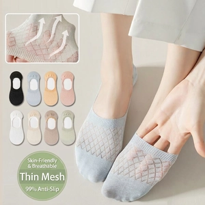 Women's summer mesh breathable invisible boat socks in light blue with non-slip heel design