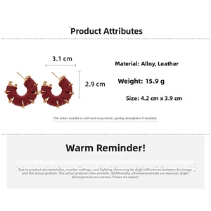 Detail view of red brown leather woven hoop earrings with size 4.2cm and weight 15.9g