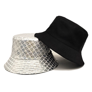 Double-sided reversible bucket hat with black cotton and silver fish scale sequin design