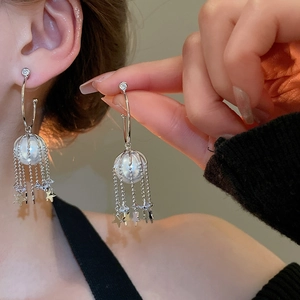 Detail of silver tassel earrings with pearl cage and hanging star crystal charms