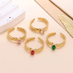 Stainless Steel Gold Plated Open Ring With Colorful Oval Zircon Twist Texture Braided Minimalist Finger Ring For Women