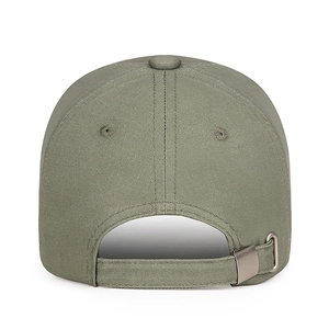Olive green baseball cap rear view showing adjustable metal buckle and twill fabric texture