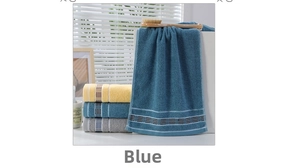 Close-up of thick absorbent cotton towels in blue, yellow and gray with striped jacquard