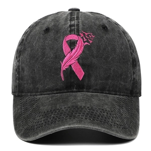 Pink ribbon breast cancer awareness embroidery on black washed cotton baseball cap