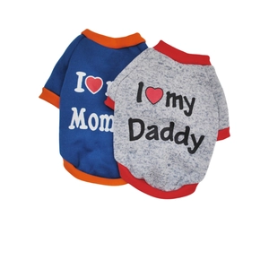 Detail of blue and grey fleece dog hoodies with 'I love my Mom' and 'I love my Daddy' prints